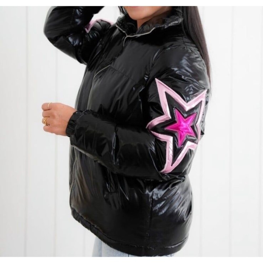 FANTASTIC FAWN Jacket womens jacket womens puffer jacket Black w pink stars coat